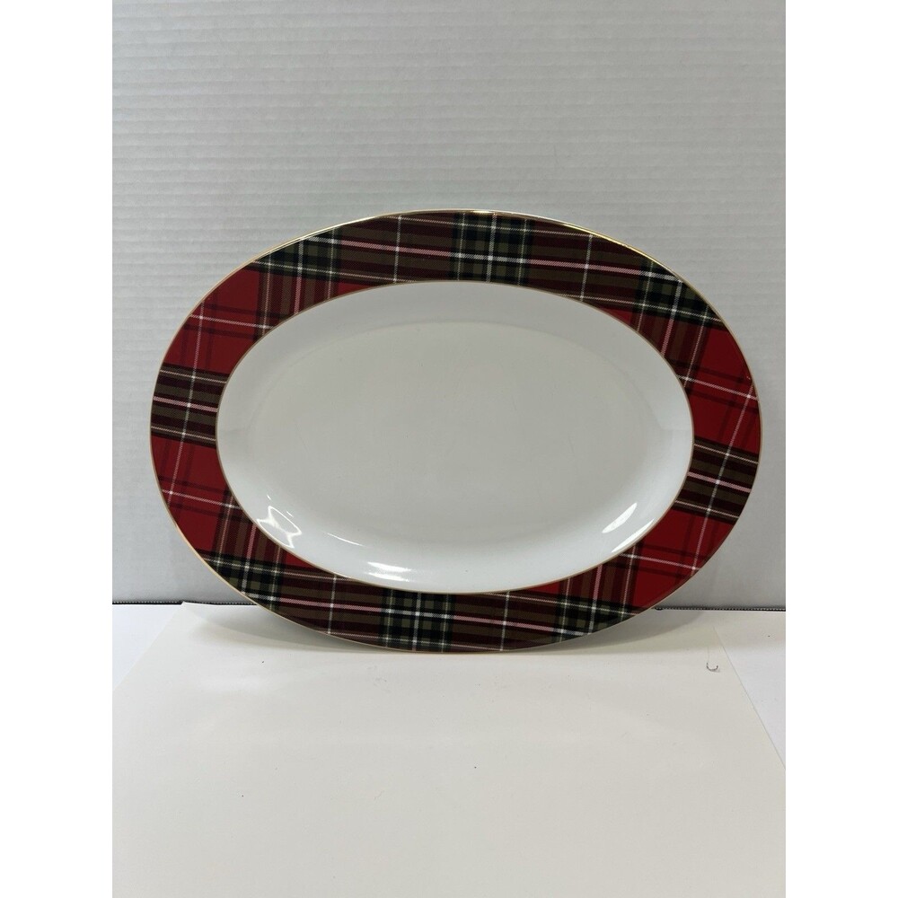 222 Fifth Wexford Red Tartan Plaid Christmas Holiday Oval Serving Platter Tray